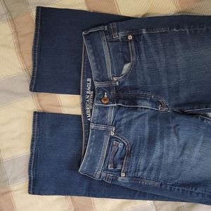 American Eagle Jeans, Blue denim, bootcut style, low rise but comfortable.